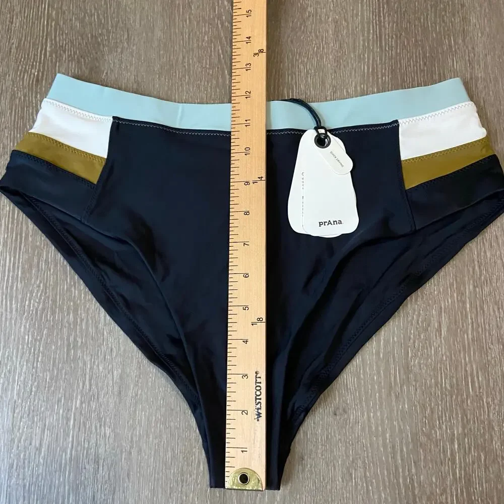 Prana Baja Bound High Rise Swim Bottom Womens L Black Colorblock Quick Dry Brief